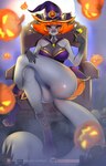 anthro big_breasts breasts clothing crossed_legs female food fruit fur grey_body grey_fur holidays jack-o'-lantern looking_at_viewer panties plant pumpkin solo underwear witch_costume tutifruti_(artist) halloween tuti_(tutifruti) mammal rodent sciurid tree_squirrel absurd_res hi_res