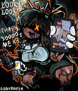 4_hands :3 big_breasts black_body black_hair black_sclera blood blood_from_eye blue_tongue bodily_fluids bottomwear bow_ribbon breasts brown_body brown_skin can clothing container corpse cute_fangs darkness directional_arrow disguise earless electronics fangs female freckled_face freckles gamer_girl gaming gaming_chair glowing glowing_eyes grey_body hair headphones holding_can holding_container holding_object holding_phone hotpants huge_breasts leg_tattoo lines_on_body long_hair looking_at_viewer machine messy_hair metallic_body microphone multi_hand nightmare_fuel noseless oil one_eye_obstructed open_mouth phone playing_video_game profanity scar scars_all_over screen screen_face seam_(sewing) segmented_body sharp_teeth shirt shorts simple_background sitting skinsuit solo squiggle_mouth stitch_(sewing) surgical_suture talking_to_viewer tattoo teeth text thick_thighs tight_clothing tongue topwear unusual_anatomy white_body white_clothing white_shirt white_text white_topwear wide_hips x3 x_eyes yellow_eyes diddlydooter1 eat_sleep_repeat glitch_productions monster_energy murder_drones reddit cyn_(murder_drones) tessa_(murder_drones) eldritch_abomination human humanoid mammal patchwork_creature robot robot_humanoid undead worker_drone zombie 2026 artist_name digital_drawing_(artwork) digital_media_(artwork) english_text meme signature