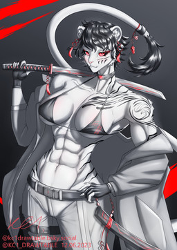 abs anthro arm_tattoo bikini bikini_top black_hair clothing collar ear_piercing ear_ring female fur hair katana melee_weapon muscular muscular_female piercing red_eyes ring_piercing short_hair solo suit_jacket swimwear sword tattoo two-piece_swimsuit weapon white_body white_fur kc1_drawtable felid feline lion mammal pantherine absurd_res hi_res