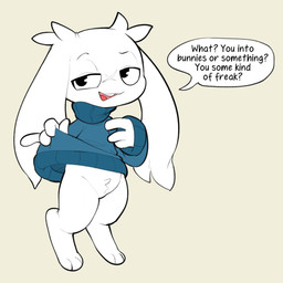 3_toes 4_fingers anthro black_eyes black_outline black_text blue_clothing blue_sweater blue_topwear bottomless buckteeth clothed clothing clothing_lift crotch_tuft dialogue digitigrade eyebrows facial_scar featureless_crotch feet female fingers flat_chested floppy_ears front_view fur fur_tuft half-closed_eyes head_tuft insult insulting_viewer looking_at_viewer lop_ears monotone_body monotone_fur narrowed_eyes null open_mouth open_smile outline raised_eyebrow red_tongue scar simple_background smile solo speech_bubble standing sweater sweater_lift talking_to_viewer tan_background teasing teasing_viewer teeth text thin_eyebrows toes tongue topwear tuft turtleneck white_body white_ears white_fur itsunknownanon cave_story sue_sakamoto lagomorph mammal mimiga 1:1 2020 colored digital_media_(artwork) english_text flat_colors full-length_portrait hi_res portrait
