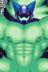 abs anthro barazoku glowing glowing_body looking_at_viewer male muscular muscular_male nipples pecs pinned red_eyes smile smiling_at_viewer solo bikopie! capcom mega_man_(series) omega-xis elemental_creature em_being 2:3