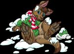 2017 alpha_channel anthro bottomless brown_body brown_fur brown_hair clothed clothing flinters fur gameroo_(character) hair kangaroo lying macropod male mammal marsupial on_back scarf simple_background snow solo transparent_background whiskers
