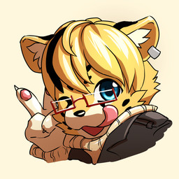 anthro black_clothing black_hair black_jacket black_topwear blonde_hair blue_eyes clothed clothing ear_piercing ear_ring eyewear fur gesture glasses glistening glistening_eyes hair hand_gesture jacket looking_at_viewer male multicolored_hair one_eye_closed piercing rectangular_glasses ring_piercing simple_background solo tan_clothing tan_sweater tan_topwear topwear two_tone_hair unsigned v_sign white_background white_body white_fur yellow_body yellow_fur papayafurry felid mammal 1:1 bust_portrait colored hi_res icon portrait