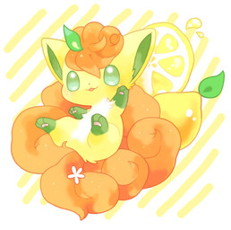 abstract_background ambiguous_gender curled_tail digitigrade feral flower food fruit fur gloves_(marking) green_body green_eyes green_fur green_inner_ear green_markings hair leaf leg_markings lemon lemon_slice markings multi_tail open_mouth open_smile orange_body orange_fur orange_hair paws plant smile socks_(marking) solo tail white_body white_flower white_fur white_markings yellow_body yellow_fur michi_runi nintendo pokemon canid canine generation_1_pokemon mammal pokemon_(species) shiny_pokemon vulpix digital_drawing_(artwork) digital_media_(artwork) unavailable_at_source