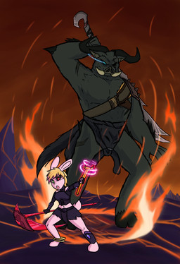 anthro black_body black_eyes blonde_hair corruption duo female fighting_pose fire fur hair hell magic male pink_body pink_fur pose summoning weapon anonymous_artist dungeons_and_dragons hasbro wizards_of_the_coast milky_rivas demon lagomorph leporid mammal rabbit hi_res