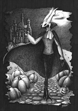 2_horns ambiguous_gender biped black_body black_eyes cape castle clothed clothing cloud container empty_eyes fingers food fruit grass group holding_container holding_object holidays horn jack-o'-lantern moon night outside plant pumpkin sky solo_focus standing trio xdunkelseelex halloween hollow_knight_(franchise) team_cherry fan_character the_knight_(hollow_knight) arthropod vessel_(species) 2025 absurd_res hi_res monochrome signature traditional_media_(artwork)