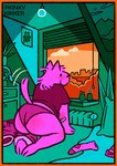 ambiguous_gender anthro band-aid bandage barefoot bed biped blush border butt cactus clothing feet footwear furniture green_wall light_bulb looking_out_window looking_outside motion_lines on_bed orange_border panties plant plant_pot poster potted_plant radiator socks solo tail tail_motion tailwag text underwear window kinkykikker canid canine canis domestic_dog mammal adversarial_noise artist_name digital_media_(artwork) restricted_palette