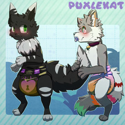 anthro black_diaper bodily_fluids clothed clothing diaper duo fluffy fluffy_tail fur genital_fluids locked_diaper object_in_mouth pacifier pacifier_in_mouth tail unclean_diaper urine used_diaper using_diaper wearing_diaper wet_diaper wetting wetting_diaper puxlekat nintendo pokemon domestic_cat eevee felid feline felis generation_1_pokemon mammal pokemon_(species) 1:1 hi_res