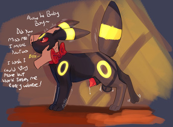 ambiguous_gender animal_genitalia animal_penis aroused balls becoming_erect blush bodily_fluids bow_ribbon canine_genitalia canine_penis dialogue duo feral genital_fluids genitals love male male/ambiguous offscreen_character penis penis_tip petting praise precum red_eyes tail text xxbrewbeastxx nintendo pokemon eeveelution generation_2_pokemon human mammal pokemon_(species) umbreon english_text hi_res