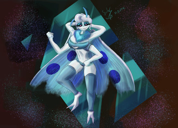 2_toes antennae_(anatomy) anthro bedroom_eyes big_breasts black_sclera breasts cleavage_cutout clothing cutout eyeliner feet female fur hair hands_behind_head insect_wings leg_warmers legwear lepidopteran_wings makeup multi_limb narrowed_eyes navel neck_tuft panties seductive short_hair slim solo toes tuft underwear white_body white_fur wings unknown_artist lanche_(burnmoth) arthropod insect lepidopteran moth