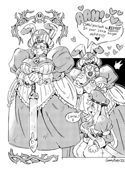 anthro belt beret breasts bubble_text clothing dress duo emanata female hat headgear headwear heart_speech_bubble heart_symbol holding_melee_weapon holding_object holding_sword holding_weapon lace melee_weapon scabbard size_difference speech_bubble sword weapon cammypuppy lagomorph leporid mammal rabbit 2025 black_and_white dated hi_res monochrome signature