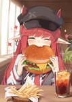 beverage blush burger clothing comically_large_object detailed_food eating female food fries hair hat headgear headwear holding_burger holding_food holding_object horn humanoid_pointy_ears inside not_furry pointy_ears red_hair smile soda solo window kashiyarrm arknights hypergryph studio_montagne vigna_(arknights) horned_humanoid humanoid 2020 absurd_res detailed hi_res