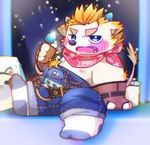 anthro blonde_hair blue_eyes blush candy chibi clothing dessert food fur hair hooves lollipop male nipples overalls slightly_chubby solo white_body white_fur young young_anthro aroenikuniku lifewonders tokyo_afterschool_summoners babe_bunyan_(tas) bovid bovine cattle mammal hi_res