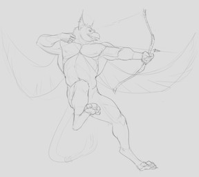 accessory action_pose anthro beak bow_(weapon) ear_piercing ear_ring feathered_wings feathers furgonomics holding_arrow holding_bow_(weapon) holding_object holding_ranged_weapon holding_weapon jewelry male musclegut muscular muscular_anthro muscular_male narrowed_eyes navel nude open_mouth pawpads piercing pose ranged_weapon ring ring_piercing simple_background solo tail tail_accessory tail_jewelry tail_ring tail_tuft tuft weapon wings aduran mythology avian gryphon mythological_avian mythological_creature absurd_res hi_res monochrome sketch