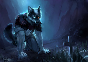 4_toes 5_fingers anthro armor black_nose blue_eyes cross detailed_background digitigrade feet fingers forest fur grey_body grey_fur heterochromia male multicolored_body multicolored_fur night orange_eyes plant solo tail toes tree two_tone_body two_tone_fur white_body white_fur rhyu canid canine canis mammal wolf 2015