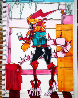 anthro backpack biped blonde_hair blush butt container cup eyewear female glasses hair inside latex long_hair looking_at_viewer looking_back machine metal rear_view red_eyes solo standing gynoidherring pepper_(gynoidherring) android robot scalie 4:5 absurd_res hi_res