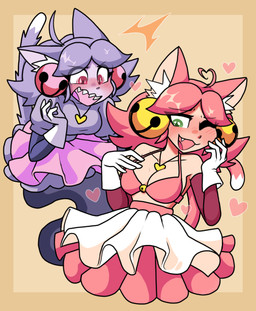 ahoge blush blush_lines bottomwear bra breasts clothing disgust duo ears_back female gloves hair handwear happy heart_ahoge heart_symbol pink_hair pivoted_ears purple_hair shirtless shirtless_female skirt tail underwear upset emote-o irritable_ghost_(deltarune) mad_mew_mew mew_mew_(undertale) pink_(deltarune) ghost spirit hi_res