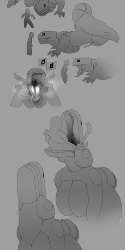anthro belly big_belly big_breasts bodily_fluids breasts claws drooling duo eating fangs female female_pred first_person_view gurgle_(sound_effect) looking_at_viewer machine male male/female male_pov metallic_body mouth_shot not_furry nude onomatopoeia open_mouth oral_vore prey_pov rumbling_stomach saliva saliva_string simple_background size_difference soft_vore sound_effects swallowing tail teeth text thick_thighs throat tongue tongue_out vore warm wet amoak atomic_heart murena_(atomic_heart) human humanoid mammal robot robot_humanoid absurd_res digital_media_(artwork) english_text hi_res monochrome sketch