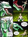 2003 anthro anthro_pred bodily_fluids claws clothed clothing comic dialogue dragon drooling duo ear_piercing english_text extreme_size_difference eyes_closed facial_piercing female green_body green_scales hair horn jewelry markie mythological_creature mythological_scalie mythology nose_piercing open_mouth orange_eyes piercing pupils purple_hair saliva scales scalie size_difference sleeping slit_pupils speech_bubble teeth text tongue tongue_out topless vore