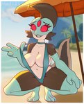 anthro beach big_breasts bikini breasts clothing female navel one-piece_swimsuit outside red_eyes seaside shy sling_bikini sling_bikini_pull smile solo swimwear teeth thick_thighs tongue two-piece_swimsuit umbrella med121 starbound alien amphibian hylotl absurd_res hi_res