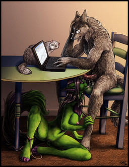 anthro black_border bodily_fluids border breasts computer cum dominant dominant_male electronics erection fellatio female feral fur genital_fluids genitals green_body green_fur group interspecies laptop male male/female nude oral penile penis sex slave submissive submissive_female tail under_table vulva sabretoothed_ermine canid canine canis domestic_cat domestic_ferret felid feline felis mammal mustelid musteline true_musteline weasel wolf 2012