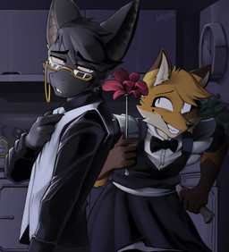 5_fingers anthro apartment appliance big_ears big_eyes biped black_body black_bow_tie black_clothing black_eyebrows black_eyes black_fur black_nose black_suit black_topwear bow_tie brown_body brown_ear_tips brown_fur cabinet clock clothed clothing crossdressing cutlery detailed_background dipstick_ears duo ear_markings eyebrow_through_hair eyebrows eyewear fangs femboy fingers fur gesture glasses gloves_(marking) gold_glasses hair hand_gesture head_tuft holding_duster holding_knife holding_object humanoid_hands imminent_death insane inside kitchen kitchen_appliance kitchen_cabinet kitchen_counter kitchen_knife kitchen_sink kitchen_utensils knife maid_uniform male markings mole_(marking) multicolored_body multicolored_ears orange_body orange_ears orange_fur pink_inner_ear pink_sclera plant plant_pot pointing pointing_at_self potted_plant pupils raised_eyebrows sink slit_pupils snout soap standing suit teeth teeth_showing text tools topwear translucent translucent_hair tuft two_tone_body uniform white_body white_clothing white_fur white_sclera white_suit white_topwear yandere fanteliscio balthy_(suitedwolfie) cain_(suitedwolfie) bat canid canine fox mammal red_fox true_fox wingless_bat 2026 absurd_res artist_name hi_res portrait shaded signature