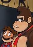 anthro blush clothing duo facial_hair looking_at_another looking_at_chest male male/male necktie overalls pecs red_necktie shirt snaggle_tooth steam text topwear jokesitos donkey_kong_(series) girl_staring_at_man's_chest mario_bros nintendo donkey_kong_(character) mario ape gorilla haplorhine human mammal primate 2023 digital_media_(artwork) hi_res meme