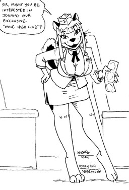 aircraft airplane anthro bottomwear breasts cleavage clothed clothed_female clothing condom_wrapper dialogue down_blouse female fur hair headgear headwear skirt solo tail text vehicle whiskers tegerio ashley_heartwood canid canine canis domestic_dog husky mammal nordic_sled_dog spitz 2024 english_text hi_res monochrome