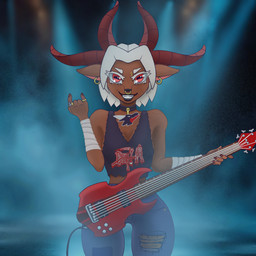 anthro bass_guitar black_lipstick choker ear_piercing ear_ring facial_piercing female gesture guitar hand_gesture hoop_ear_ring jewelry lipstick looking_at_viewer makeup musical_instrument necklace nose_piercing nose_ring piercing plucked_string_instrument ring_piercing smile smiling_at_viewer solo string_instrument dr_octopotomai bovid caprine goat mammal 1:1 hi_res