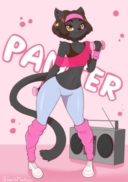 1980s_theme anthro biped black_body black_fur black_hair black_tail bottomwear clothing crop_top dumbbell electronics exercise female footwear fur hair leg_warmers legwear loose_shirt melanistic midriff navel pants pink_background pink_leg_warmers pupils radio shirt shoes short_hair simple_background slit_pupils solo sweatpants tail topwear translucent translucent_clothing translucent_topwear weights white_clothing white_footwear white_shoes workout wristband yellow_eyes jasminthemanticore felid mammal pantherine 2022 absurd_res digital_drawing_(artwork) digital_media_(artwork) full-length_portrait hi_res portrait