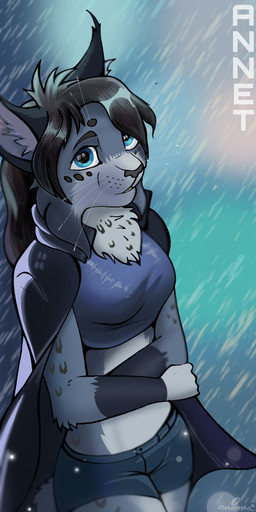 anthro blue_eyes bottomwear breasts clothing female fur grey_body grey_fur hair hotpants looking_at_viewer midriff raining shirt shorts small_breasts solo topwear xleb0rezka annet_(xleb0rezka) felid feline lynx mammal 2021 absurd_res hi_res