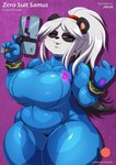 anthro big_breasts breasts clothed clothing curvy_figure female fully_clothed hair looking_at_viewer red_eyes slightly_chubby slightly_chubby_female solo standing thick_thighs tight_clothing voluptuous weapon white_hair wide_hips zero_suit chalo las_lindas metroid nintendo cocoa_(las_lindas) samus_aran bear giant_panda mammal hi_res