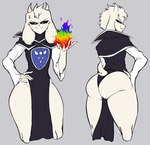 anthro big_butt big_ears biped black_sclera butt clothed clothing colored_fire cross-popping_vein delta_rune_(emblem) femboy fire front_view head_tuft horn ineffective_clothing male multicolored_fire nails pelvic_curtain rainbow_fire rear_view robe sharp_nails skimpy solo symbol tail thick_thighs tuft white_eyes demonkingdaemon undertale undertale_(series) asriel_dreemurr_(god_form) boss_monster_(undertale) bovid caprine goat mammal 2024 hi_res