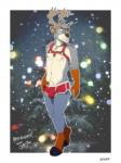 anthro antlers blue_eyes briefs bulge clothed clothing cloven_hooves harness hooves horn male nipples red_clothing red_underwear solo underwear sky3 deer mammal new_world_deer reindeer 2015 3:4 hi_res signature