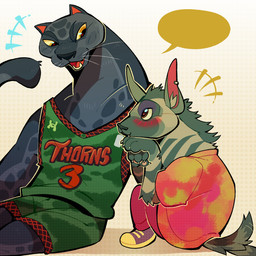 anthro basketball_uniform black_body black_fur blush bottomwear clothing duo ear_piercing fangs female female/female footwear fur green_bottomwear green_clothing green_shirt green_shorts green_topwear grey_body grey_fur markings melanistic multicolored_body multicolored_clothing multicolored_fur multicolored_shirt multicolored_topwear muscular muscular_anthro muscular_female orange_eyes pants piercing pink_bottomwear pink_clothing pink_pants purple_clothing purple_footwear purple_shoes shirt shoes shorts sitting speech_bubble sportswear spots spotted_body spotted_fur tail teeth text text_on_clothing text_on_shirt text_on_topwear topwear two_tone_body two_tone_fur uniform lakesparkles goat_(movie) sony_corporation sony_pictures under_armour hannah_(goat) jett_fillmore aardwolf felid hyena leopard mammal pantherine 1:1 2026 digital_media_(artwork) hi_res