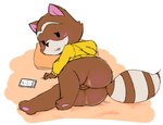 3_toes anthro bedroom_eyes big_butt black_eyes black_nose blush bottomless bottomless_anthro bottomless_female brown_body brown_ears brown_fur brown_pussy brown_tail butt cellphone cheek_tuft clothed clothing electronics empty_eyes eyelashes facial_tuft feet female female_anthro fingers fur genitals hoodie hoodie_only humanoid_genitalia humanoid_pussy long_sleeves looking_at_viewer lying markings multicolored_body multicolored_fur narrowed_eyes on_side open_mouth orange_pillow pawpads phone pillow pink_inner_ear pink_pawpads pointy_ears prick_ears pussy ring_(marking) ringed_tail seductive smartphone striped_markings striped_tail stripes tail tail_markings toes topwear topwear_only tuft two_tone_body two_tone_fur two_tone_tail white_body white_fur white_tail yellow_clothing yellow_hoodie yellow_topwear dedreds mammal procyonid raccoon 2020