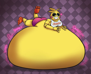 anthro belly bib big_belly big_butt black_sclera blonde_hair breasts butt checkered checkered_background clothing creaking creaking_belly enjoying female glorp hair heart_symbol huge_belly hyper hyper_belly immobile looking_at_belly looking_at_own_belly looking_down looking_down_at_self lying machine morbidly_obese morbidly_obese_anthro morbidly_obese_female motion_lines obese obese_anthro obese_female on_front onomatopoeia overweight overweight_anthro overweight_female panties pattern_background pink_cheeks pink_clothing pink_panties pink_underwear purple_background rumbling_stomach sharp_teeth simple_background smile solo sound_effects teeth text text_on_clothing thick_thighs three-quarter_view underwear weight_gain white_bib white_eyes yellow_body spectrotums five_nights_at_freddy's five_nights_at_freddy's_2 scottgames toy_chica_(fnaf) animatronic avian bird chicken galliform phasianid robot robot_anthro 2025 colored digital_media_(artwork) english_text hi_res shaded