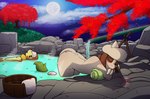 bent_over blush eyewear floating flowing_water glasses hot_spring light moonlight red_tree sleeping water mr.smile nintendo pokemon kai_(mr.smile) mimi_(mr.smile) buizel generation_2_pokemon generation_4_pokemon pokemon_(species) smeargle absurd_res hi_res