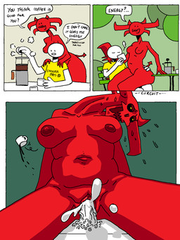 anthro beverage bodily_fluids breasts chair clothing coffee coffee_cup container cum cum_in_vagina cum_inside cup dialogue duo female french_press furniture genital_fluids horn male male/female navel nipples not_furry nude on_lap penetration penile penile_penetration penis_in_vagina plant pubes red_body red_skin sex shirt speech_bubble sweat table tail text topwear tree vaginal vaginal_penetration white_body white_skin yellow_clothing yellow_eyes yellow_shirt yellow_topwear ciircuit demon horned_humanoid human humanoid mammal comic english_text hi_res