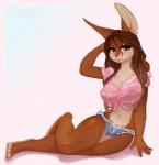 5_fingers anthro barefoot biped bottomwear brown_hair clothed clothing cutoffs denim denim_bottomwear denim_clothing eyelashes feet female fingers hair shorts smile solo yellow_eyes savemekitty lagomorph leporid mammal rabbit 2019 digital_media_(artwork) hi_res