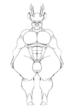 anthro big_muscles big_pecs bulge detailed_bulge femboy harness male male/male muscular pecs stoopiedoopie ronno_(jakewwolf225533) deer mammal hi_res monochrome sketch