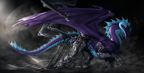blue_eyes claws digitigrade feral horn membrane_(anatomy) membranous_wings purple_body quadruped solo spines standing tail technology thick_tail transformation wings rakisha european_mythology mythology dracarna dragon mythological_creature mythological_scalie scalie western_dragon 2019 digital_media_(artwork) hi_res