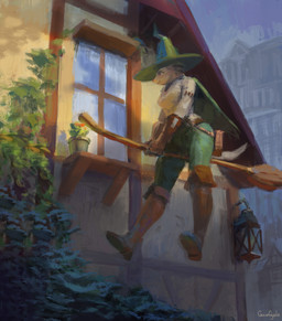 anthro boots breasts broom broom_riding cape cleaning_tool clothed clothing day female floating footwear fur gloves handwear hat headgear headwear holding_object lamp lantern outside shoes solo window witch_hat yellow_body yellow_fur gamgyuls felid feline mammal 2019 absurd_res hi_res