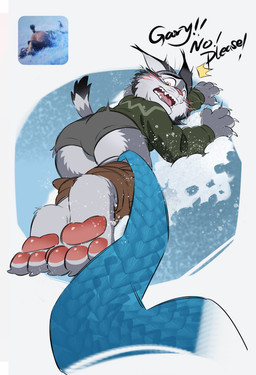 anthro black_ear_tips blue_body blue_scales blush bottomwear bottomwear_down brown_bottomwear brown_clothing brown_pants butt cheek_tuft claws clothed clothing dialogue dipstick_ears ear_markings embarrassed facial_tuft feet feral fur glistening glistening_pawpads green_clothing green_sweater green_topwear grey_body grey_clothing grey_fur grey_underwear male multicolored_ears open_mouth pants pants_down partially_clothed pawpads pink_nose pink_pawpads pink_tongue scales short_tail snow surprised sweater tail teeth text tongue topwear tuft underwear whiskers white_body white_claws white_fur yellow_eyes bogexboog disney zootopia gary_de'snake pawbert_lynxley canada_lynx felid feline lynx mammal pit_viper reptile scalie snake viper absurd_res english_text hi_res