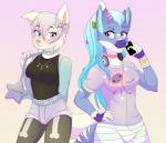 alternative_fashion anthro blue_hair blush bottomwear clothed clothing collar denim denim_clothing duo electronics fairy_kei female fur hair headphones humanoid_pointy_ears j-fashion phone pink_nose pointy_ears shorts white_body white_fur saetia australian_shepherd canid canine canis domestic_dog herding_dog mammal pastoral_dog sheepdog wolf