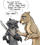 2016 anthro blackteagan blue_eyes dialogue duo english_text felid female lion male mammal melee_weapon pantherine procyonid raccoon semi-anthro simple_background speech_bubble sword text weapon white_background