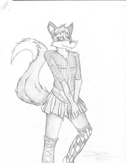 anthro blush bottomwear clothed clothing cross crossdressing femboy footwear gloves handwear legwear male paws simple_background skirt smile socks solo tail white_background zeeka canid canine fox mammal monochrome