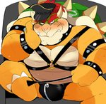 anthro barazoku biker_cap blush bodily_fluids bulge clothing harness hat headgear headwear kemono leather leather_daddy leather_hat leather_headgear leather_headwear male musclegut muscular sitting solo sweat underwear zipper zipper_underwear hyaku_(artist) mario_bros nintendo bowser koopa scalie 2020