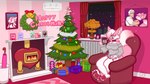 anthro breasts christmas_decorations christmas_lights christmas_ornament christmas_present christmas_tree claws eyebrows female fur furniture gift hair holidays nails pawpads paws pink_body pink_fur plant red_eyebrows red_eyes red_hair sofa solo star tail text tree white_body white_fur white_hair foggyscuff christmas vtuber foxy_(foxyfursure) canid canine fox mammal 16:9 english_text hi_res widescreen