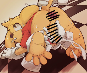 5_toes all_fours anthro anus balls barefoot bodily_fluids bottomless bottomless_male censored_anus censored_balls censored_genitalia censored_penis clothed clothing cum ejaculation erection feet floating_hands forced foreskin gaping gaping_anus genital_fluids genitals gloves handjob handwear holding_tail male partially_retracted_foreskin penile penis raised_tail red_clothing red_shirt red_topwear restrained_legs saliva sex shirt shirt_only soles tail tears toes topwear topwear_only white_clothing white_gloves white_handwear young young_anthro young_male chiyoarashi1082 glitch_productions the_amazing_digital_circus scratch_(tadc) canid canine canis domestic_dog mammal 2026 absurd_res censored hi_res